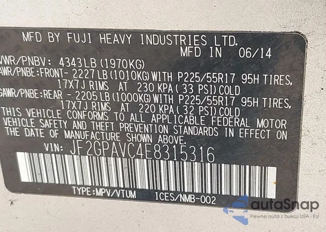 2014 Subaru Xv Crosstrek 2.0I Premium z USA, uszkodzony, nr VIN JF2GPAVC4E8315316